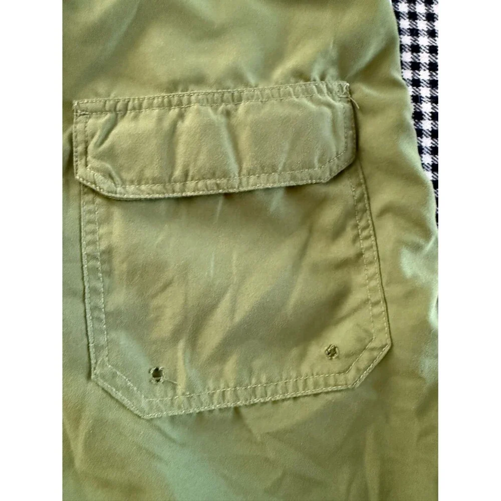 Vintage Y2K “Toes on The Nose” Olive Green Swim Trunks with White Tiki Sides